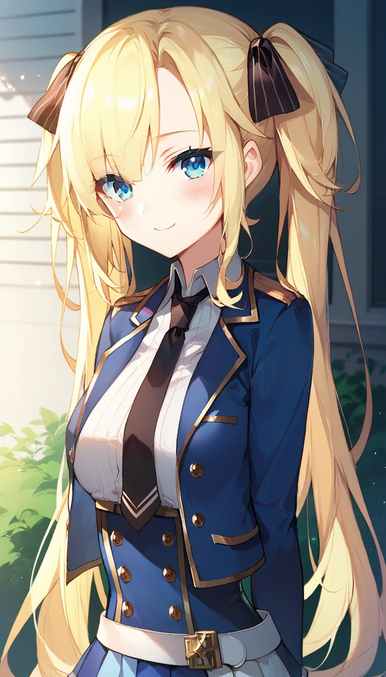 score_9,score_8_up,score_7_up,score_6_up BREAK official art,solo,outdoors,upper body,(portrait:1.5),looking at viewer,facing viewer,smile,blush,Regina Mercedes,very long hair,blonde hair,twintails,hair ribbon,black ribbon,sidelocks,hair between eyes,bangs,blue eyes,blue jacket,cropped jacket,open jacket,wing collar,black necktie,white shirt,collared shirt,dress shirt,long sleeves,medium breasts,double-breasted,white belt,blue skirt,high-waist skirt,pleated skirt,frilled skirt,thigh strap,white thighhighs,zettai ryouiki,mary janes,black footwear,<lora:Regina Mercedes(sgmt)-Pony:1.2>,