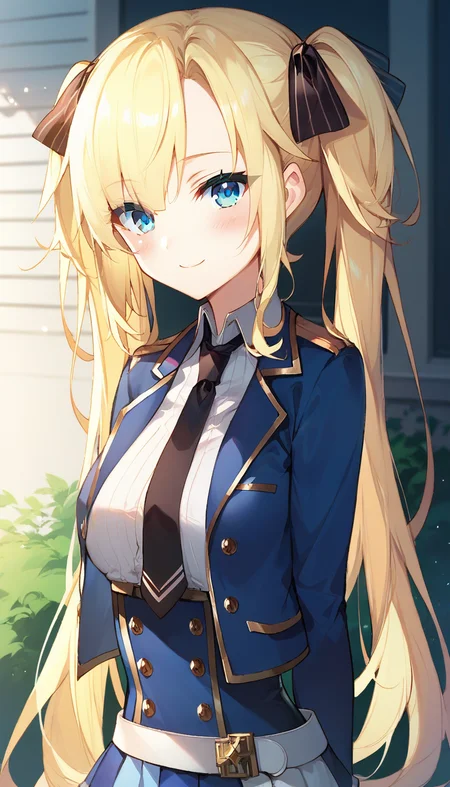 score_9,score_8_up,score_7_up,score_6_up BREAK official art,solo,outdoors,upper body,(portrait:1.5),looking at viewer,facing viewer,smile,blush,Regina Mercedes,very long hair,blonde hair,twintails,hair ribbon,black ribbon,sidelocks,hair between eyes,bangs,blue eyes,blue jacket,cropped jacket,open jacket,wing collar,black necktie,white shirt,collared shirt,dress shirt,long sleeves,medium breasts,double-breasted,white belt,blue skirt,high-waist skirt,pleated skirt,frilled skirt,thigh strap,white thighhighs,zettai ryouiki,mary janes,black footwear,<lora:Regina Mercedes(sgmt)-Pony:1.2>,