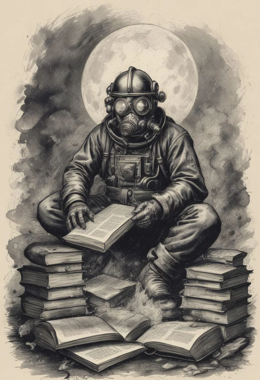 old book style ink illustration, on parchment, ink splashes, ink stains, ink smears, faded ink, firemen circle around a handful of books, books on fire, wearing gas masks, full moon night