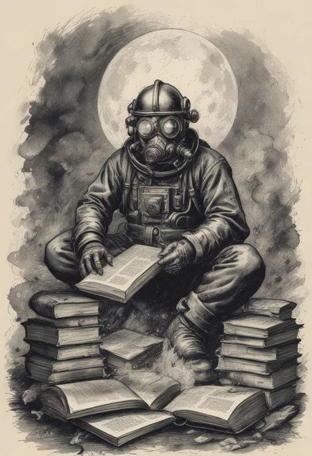 old book style ink illustration, on parchment, ink splashes, ink stains, ink smears, faded ink, firemen circle around a handful of books, books on fire, wearing gas masks, full moon night