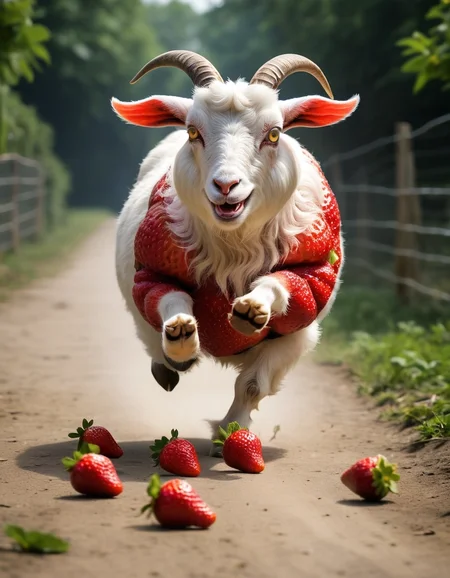 strawberry, mascot chasing, obese goat