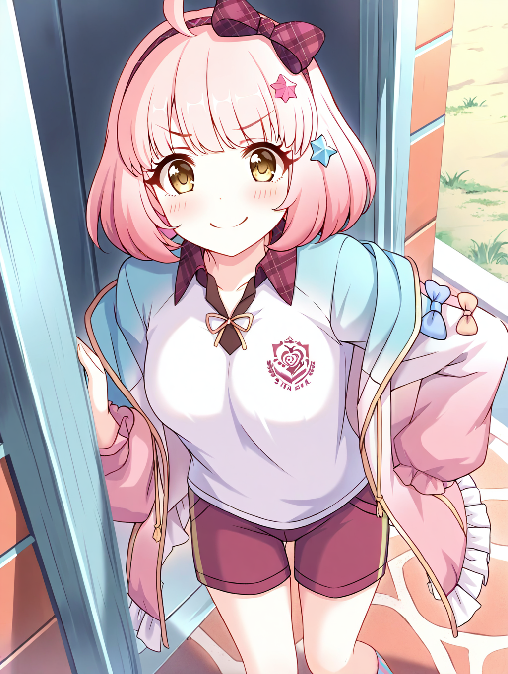 (masterpiece,best quality,ultra_detailed,highres,absurdres:1.2,amazing quality,very aesthetic),<lora:chieru _ilxl_v1-000012:0.8>,chieru \(school festival\) \(princess_connect!\),1girl,star \(symbol\),bow hairband,red shorts,star in eye,solo,pink hair,hair ornament,star hair ornament,symbol in eye,shorts,smile,ahoge,gym shorts,hairband,bow,jacket,short hair,shirt,socks,yellow eyes,looking at viewer,plaid bow,striped socks,plaid,white shirt,gym uniform,pink jacket,standing,