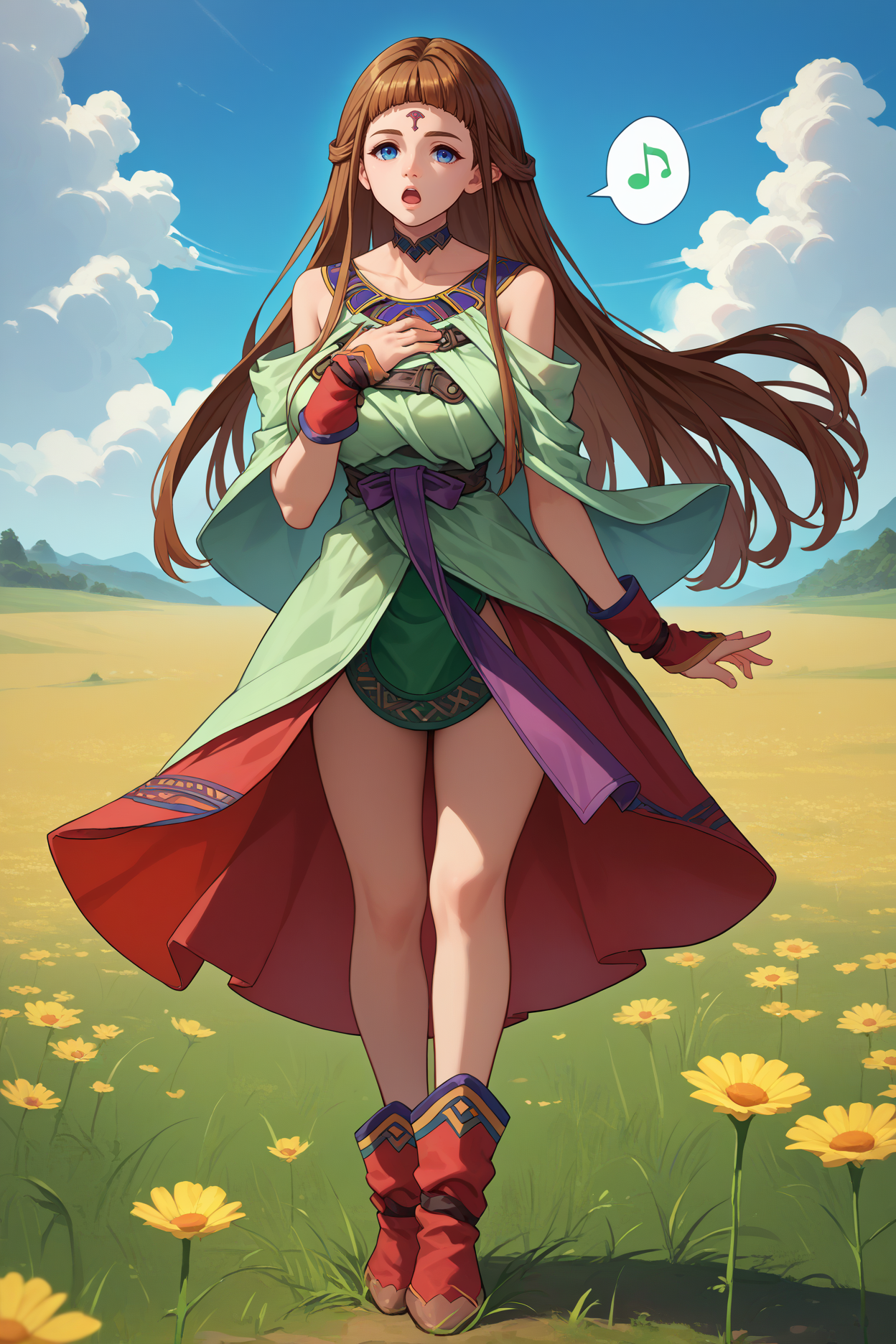 score_9, score_8_up, score_7_up, score_6_up, source_anime, 1girl, solo, <lora:vpshiho-pdxl-nvwls-v1-000005:1> shiho, brown hair, long hair, blue eyes, forehead mark, choker, green dress, off shoulder, red gloves, big breasts, field, blue sky, full body, open mouth, hand on own chest, spoken musical note, standing, red skirt