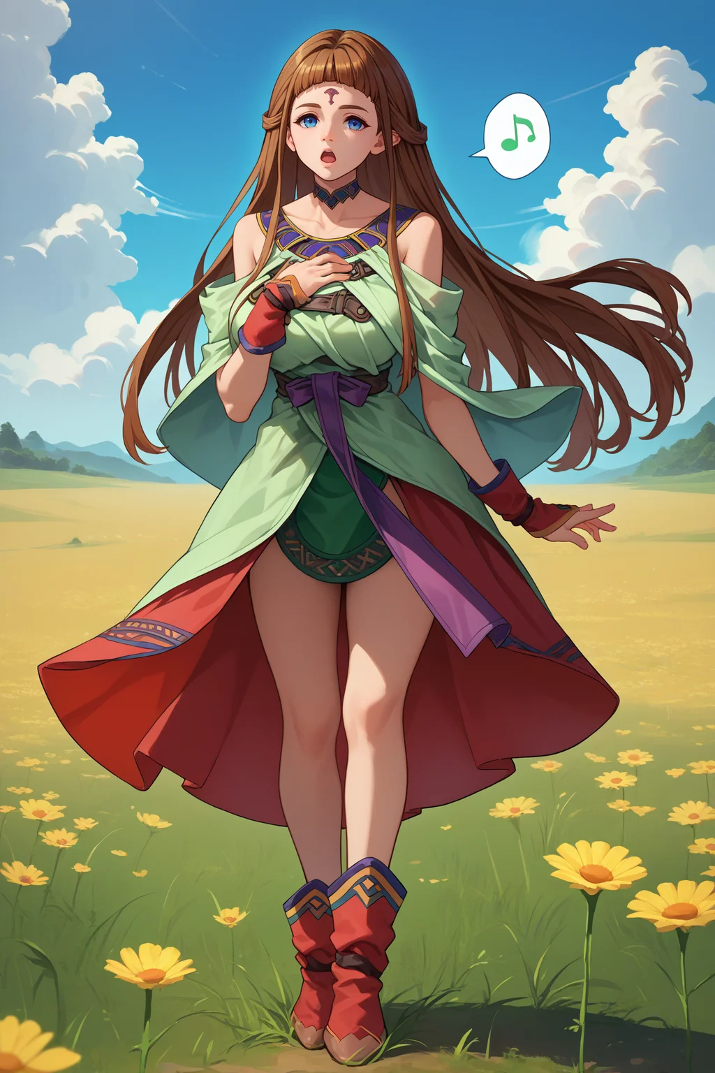 score_9, score_8_up, score_7_up, score_6_up, source_anime, 1girl, solo, <lora:vpshiho-pdxl-nvwls-v1-000005:1> shiho, brown hair, long hair, blue eyes, forehead mark, choker, green dress, off shoulder, red gloves, big breasts, field, blue sky, full body, open mouth, hand on own chest, spoken musical note, standing, red skirt