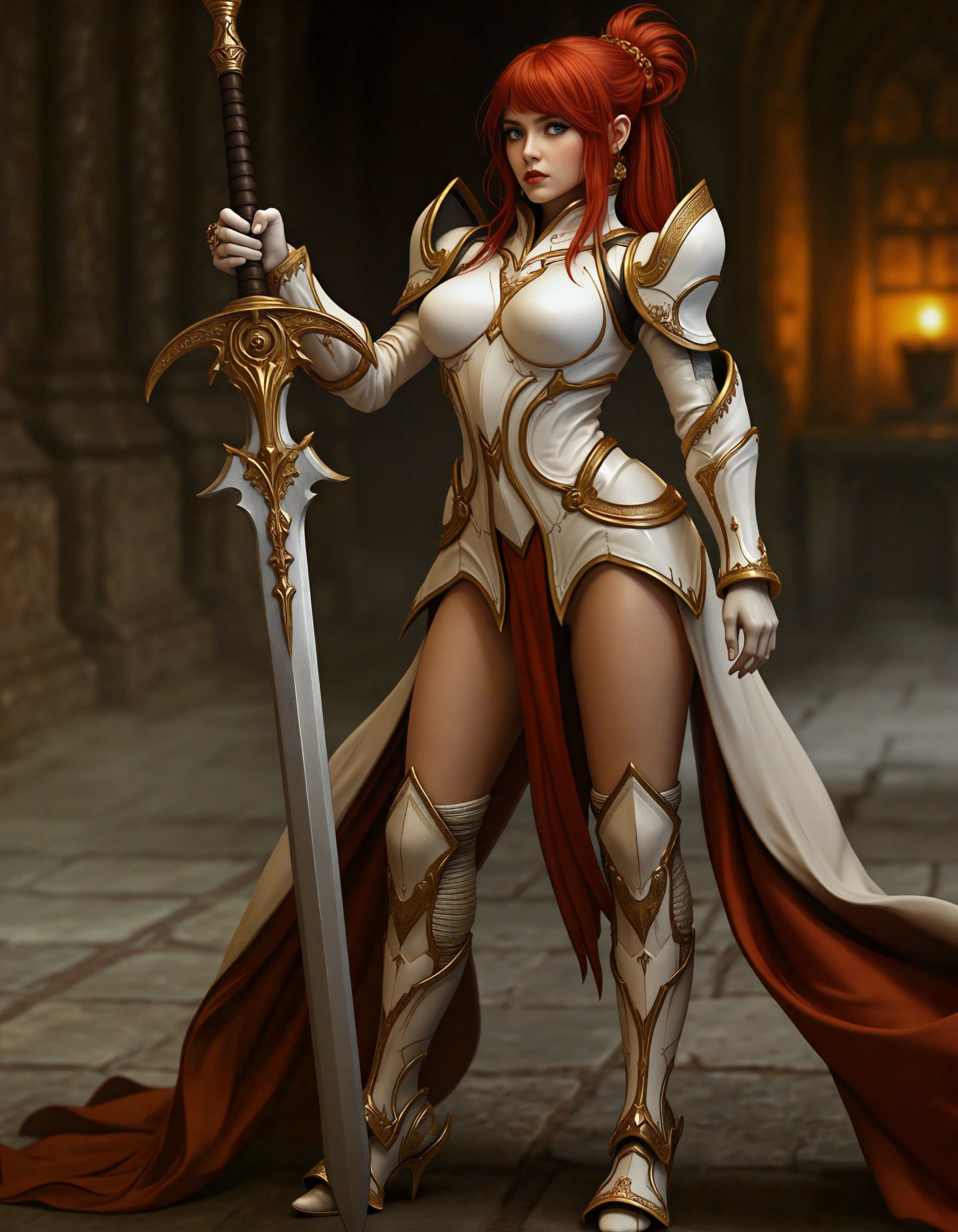 A 3D rendering of a female fantasy character with red hair, wearing a white and gold armor with intricate designs, holding a large, ornate sword. She has a stern expression and is standing confidently in a dimly lit, medieval-style setting. The armor is detailed with gold accents and has a glossy finish. The background is blurred, with a warm, golden glow. The character is positioned in the center of the image, with the sword held firmly in her right hand. The image has a high-quality, detailed style with a focus on the character's armor and the intricate design.