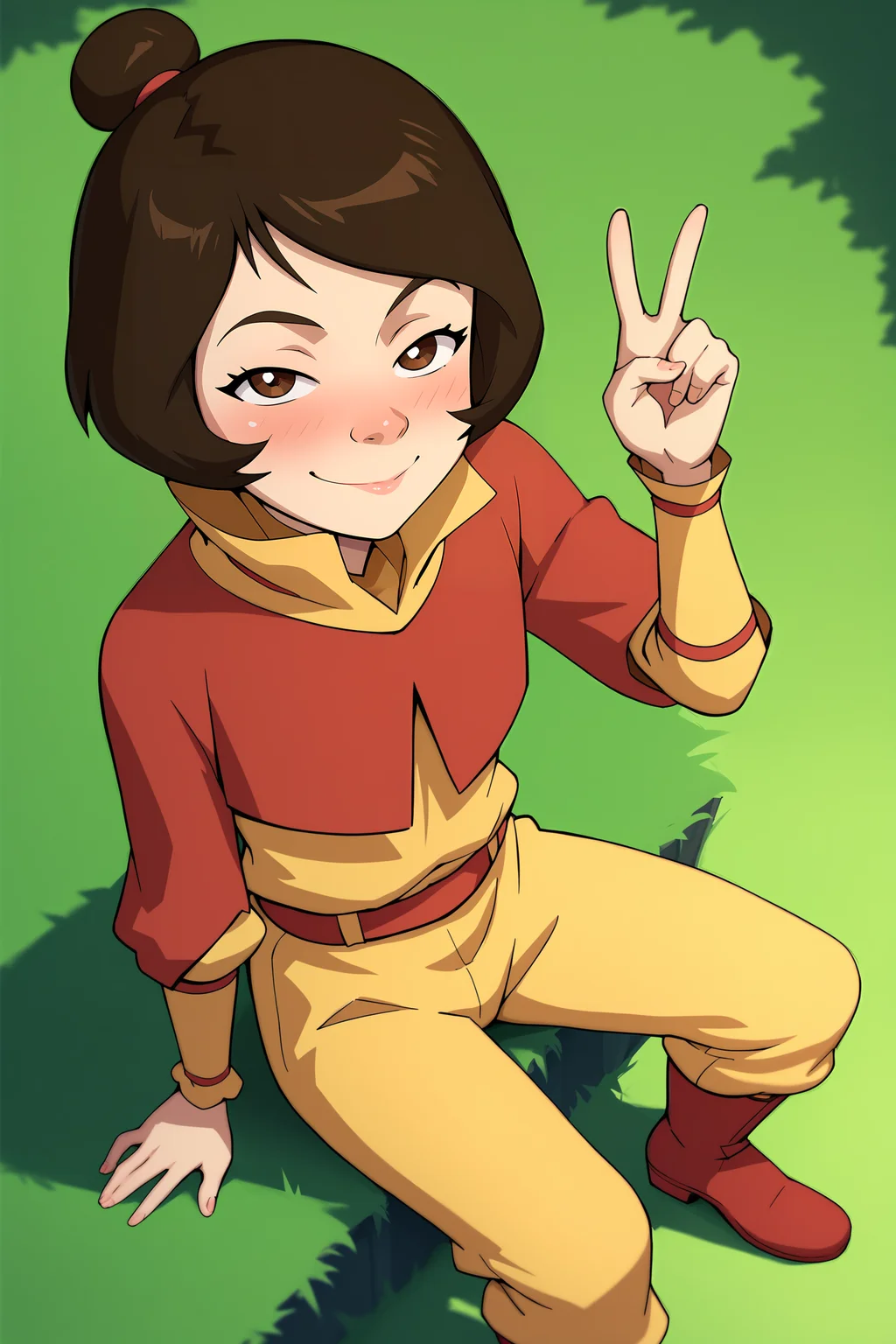 score_9, score_8_up, score_7_up, score_6_up, BREAK, JinoraAvatarPXL, 1girl, brown eyes, brown hair, short hair, single hair bun, flat chest, red capelet, yellow shirt, long sleeves, red belt, yellow pants, red boots, solo, sitting, above view, peace sign, seductive smile, looking at viewer, naughty face, nose blush, forest <lora:JinoraAvatarPXL:1>