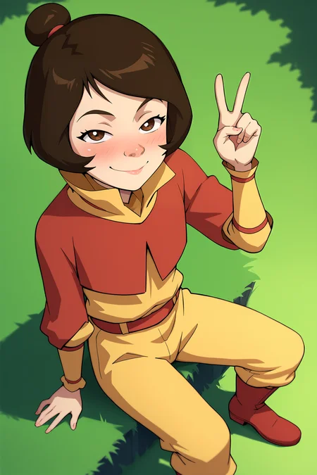 score_9, score_8_up, score_7_up, score_6_up, BREAK, JinoraAvatarPXL, 1girl, brown eyes, brown hair, short hair, single hair bun, flat chest, red capelet, yellow shirt, long sleeves, red belt, yellow pants, red boots, solo, sitting, above view, peace sign, seductive smile, looking at viewer, naughty face, nose blush, forest <lora:JinoraAvatarPXL:1>