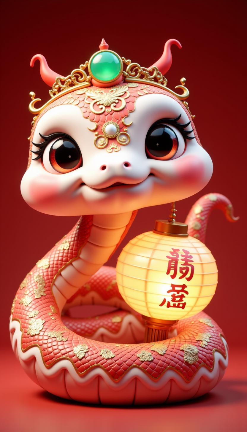 pinkchibisnakeyear,
A beautifully adorned snake with intricate red and gold patterns, wearing a delicate jade crown. It coils elegantly around a glowing lantern inscribed with ancient blessings, celebrating the Year of the Snake.