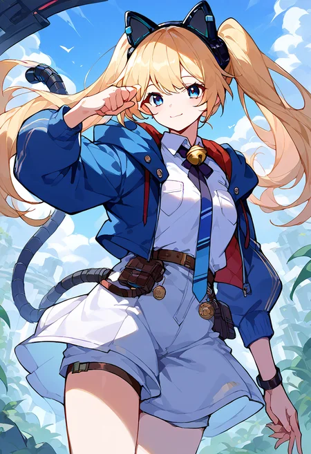 score_9,score_8_up,score_7_up,source_anime,zPDXL3,
*//*,<lora:Michele_Pony:1>,michele_default,1girl,solo,blonde hair,twintails,long hair,bangs,blue eyes,bell,neck bell,fake animal ears,blue jacket,open jacket,shorts,white dress,necktie,cat tail,mechanical tail,
*//*,looking at viewer,cowboy shot,dutch angle,dynamic pose,smile,