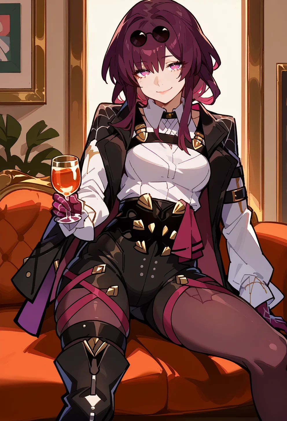 score_9, score_7_up, source_anime, BREAK <lora:AEFeguimel:1> <lora:AEKafka:1> aekafka, sunglasses, jacket on shoulders, collared shirt, arm belt, chest harness, purple gloves, black shorts, high-waist shorts, pantyhose under shorts, purple pantyhose, thigh strap, asymmetrical footwear, single thigh boot, black footwear, high heel boots, seductive smile, sitting, couch, holding glass,