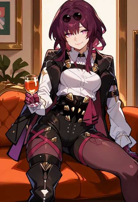 score_9, score_7_up, source_anime, BREAK <lora:AEFeguimel:1> <lora:AEKafka:1> aekafka, sunglasses, jacket on shoulders, collared shirt, arm belt, chest harness, purple gloves, black shorts, high-waist shorts, pantyhose under shorts, purple pantyhose, thigh strap, asymmetrical footwear, single thigh boot, black footwear, high heel boots, seductive smile, sitting, couch, holding glass,
