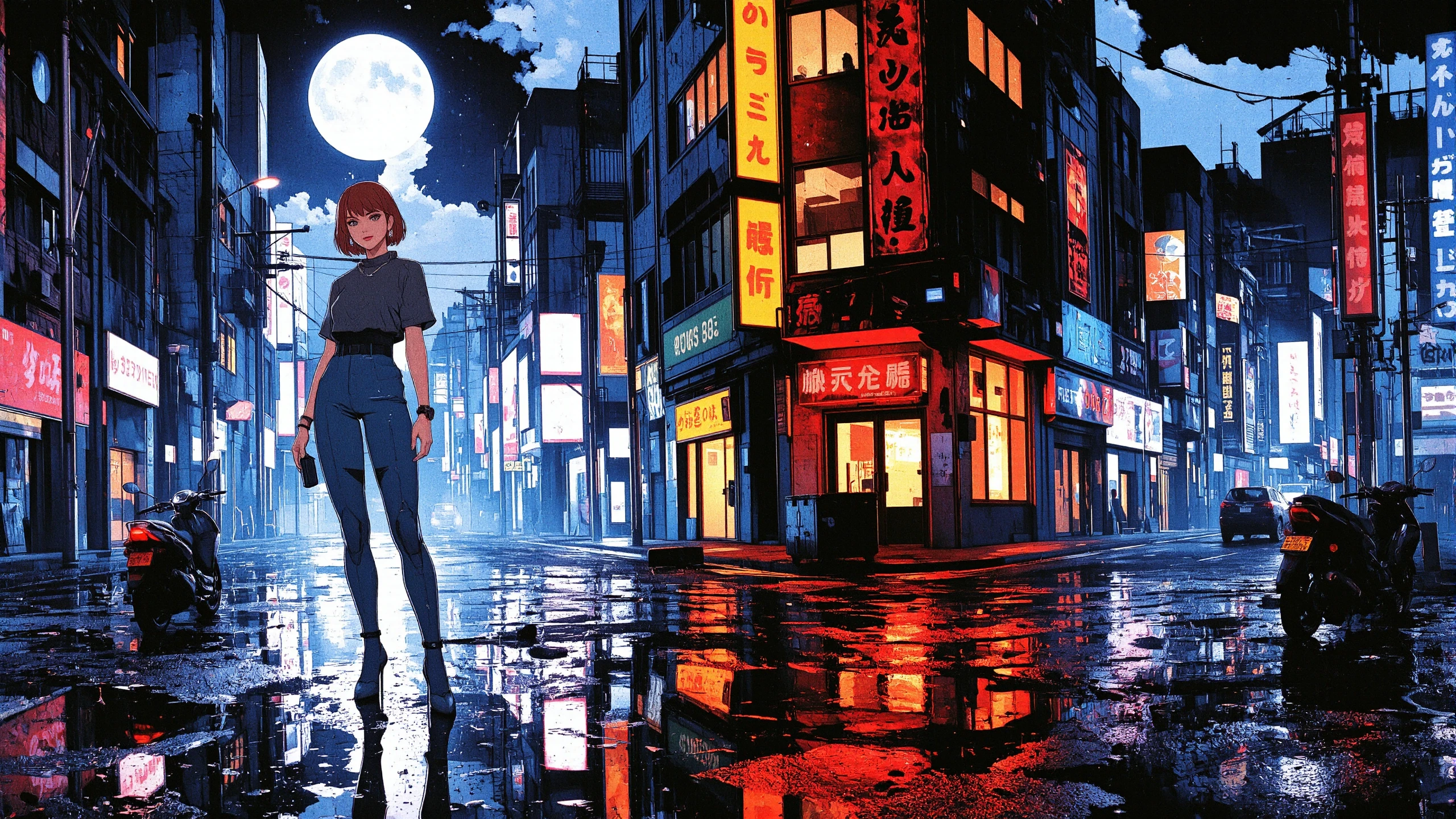 Citizen of the Dominican Republic graduated bob light brown hair (young woman), anime, illustration, cyberpunk, futuristic, (extremely detailed), (portrait), (standing:1.3), (happy smile), (beautiful cyberpunk tokyo buildings landscape), wet floor, windows, motorbike, car, moon in the sky, (bright neon lights), screen holograms, kanjis, raytracing, hdr, high contrast, ethereal cinematic lights, backlight, reflections, (legs), heels, (sharp focus), luminous Fluorescent Blue robot glossy brilliant armor, body lights, body circuits, glossy lipstick, necklace, chandelier earrings, colorful, retrowave, shadows, vibrant colors, pretty, beautiful, feminine, sexy, lovely, in love, adorable, fashion,  <lora:Hand v2:1> <lora:Anti-Blur:1> <lora:RetroAnimeFluxV1:0.4> <lora:CPA:0.8> <lora:Luminous_Shadowscape:0.4>