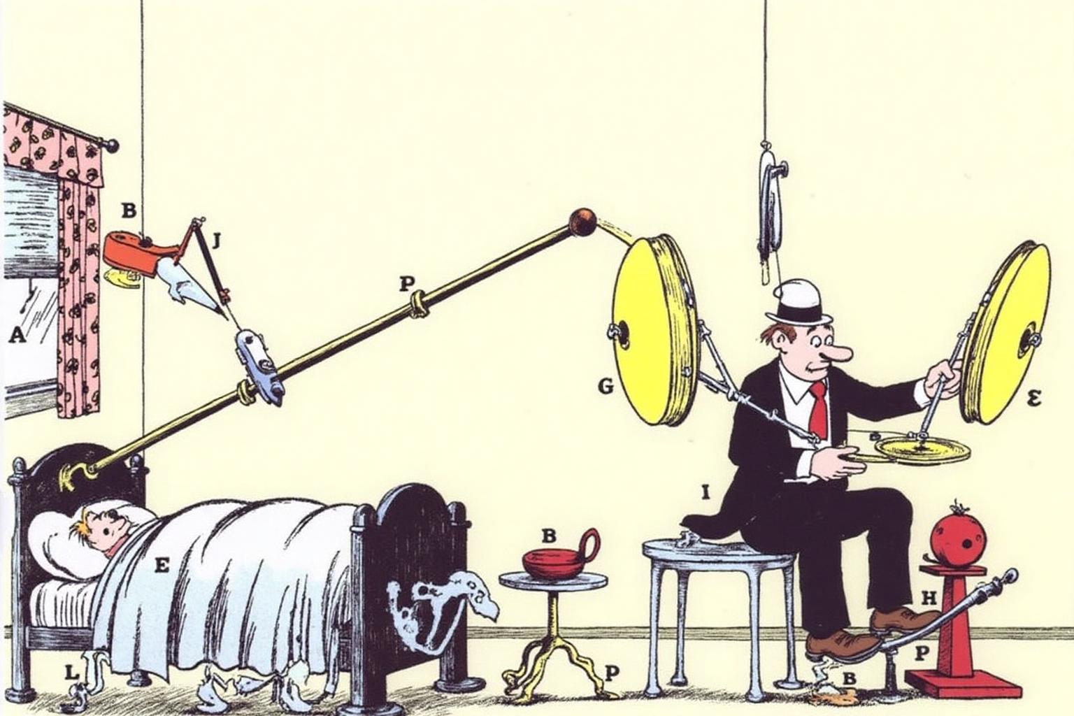 rugo1 illustration. 
The scene depicts a whimsical, surreal bedroom setting. On the left is a man sleeping on a large bed. On the right is The man, wearing a black suit with a white shirt, red tie, and a bowler hat, is sitting on a small table. He holds a pair of large, yellow cymbals, one in each hand.
 <lora:rugo1_cap_d6a3e11:1.0><lora:828774932877034458:0>