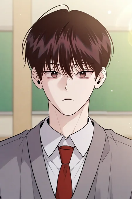 score_9, score_8_up, score_7_up,score_6_up,score_5_up,score_4_up,source_anime,BREAK, rating_safe, intricate details , , , anime screencap, anime coloring, official style, depth of field,1boy, solo, male focus , , ,  <lora:yo_il:0.93>,won yo il,dark brown hair,brown eyes,short hair,looking at viewer, shirt, hair between eyes, closed mouth,school uniform, white shirt, upper body, necktie, collared shirt, indoors, expressionless, formal, suit,sweater vest, portrait, red necktie, lens flare, grey sweater vest, classroom , , , <lora:sdxl_lightning_8step_lora_315544:1>