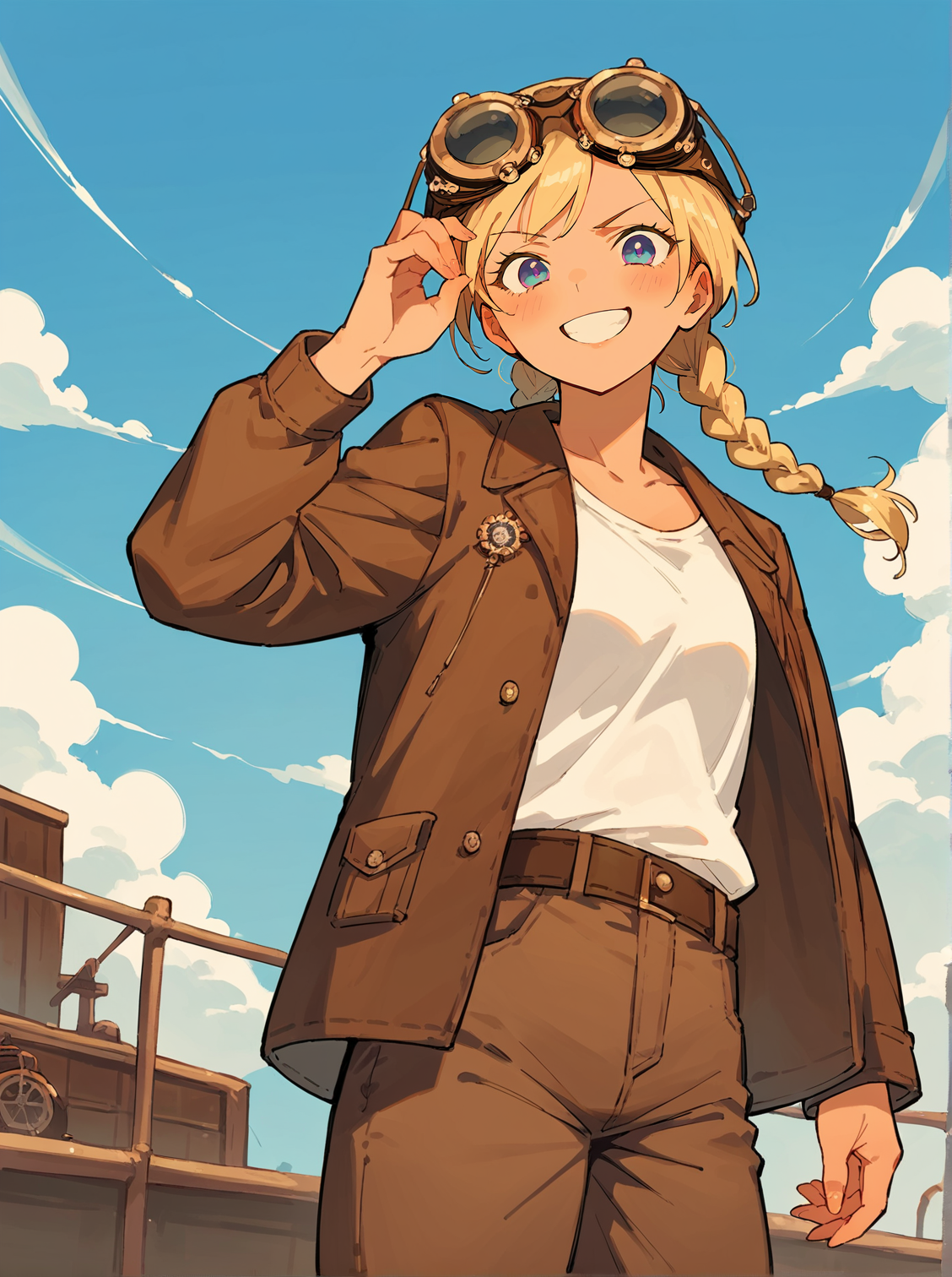 score_8_up, score_7_up, score_6_up, source_anime, 1girl, solo, outdoors, blue sky, wind blowing
grin , blonde hair, braids
steampunk, white shirt, brown jacket, brown pants
goggles on head <lora:Steampunk_Goggles:1>, adjusting goggles