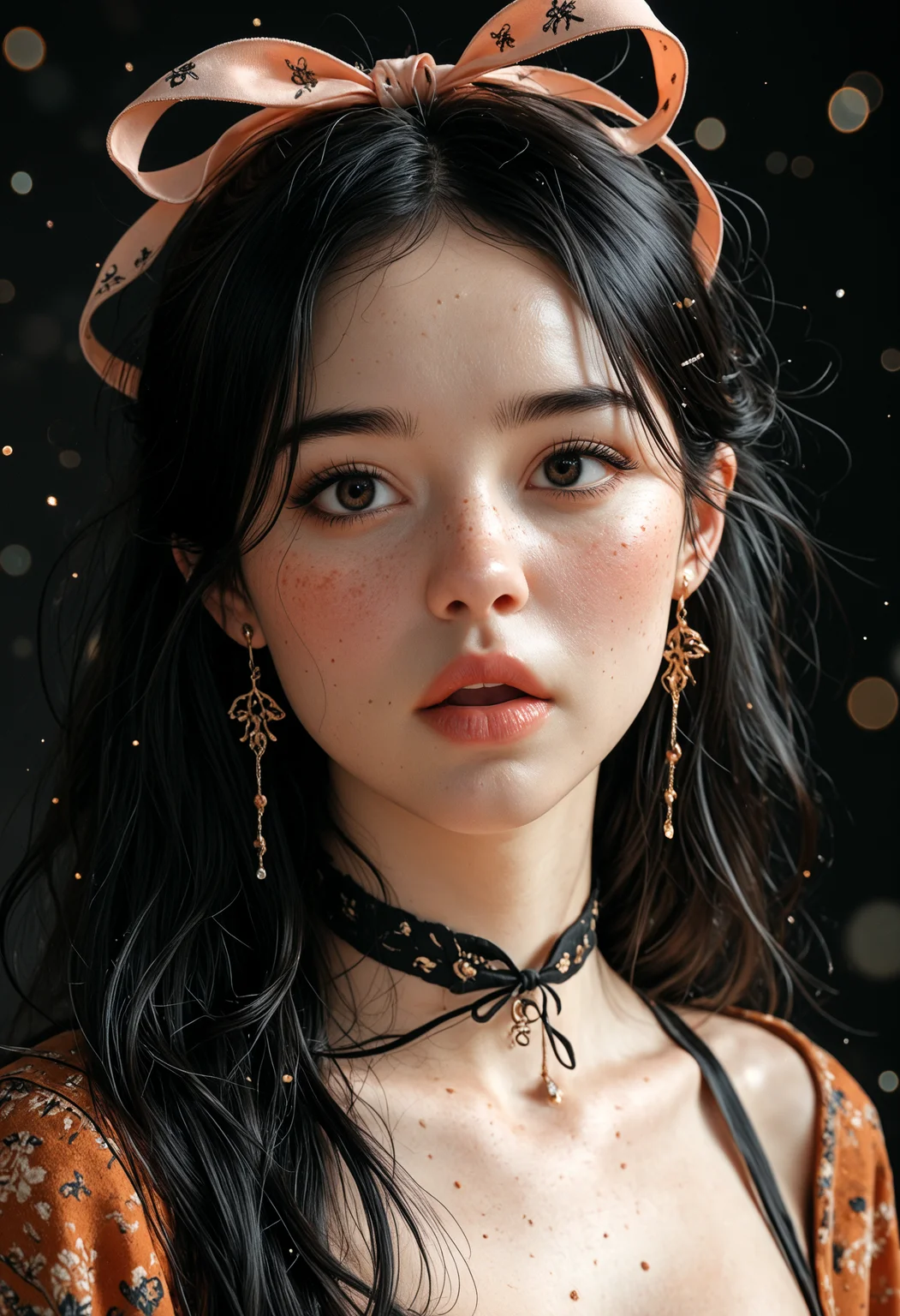 best_quality, absurdres, ultra-detailed, highly_aesthetic, 8K, UHD, highly_detailed_eyes, depth_of_field, subject_focus,
Korean woman, black hair, freckles, ribbon, solo, posing, uwu, black background, sidelight, blush, :o,
Fantasy, Grunge, high_fashion, earrings, jewelry, light_particles