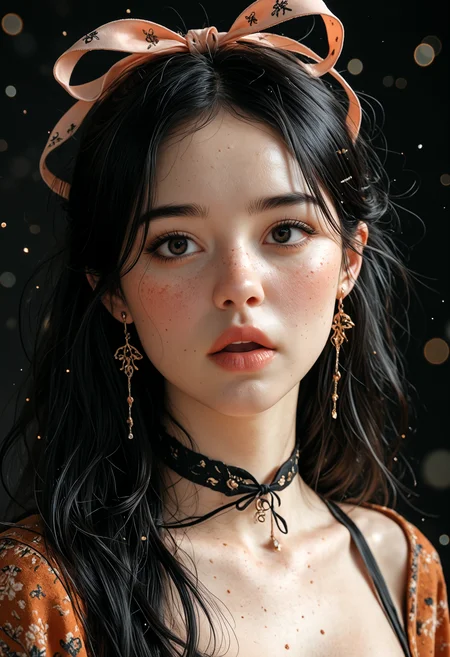 best_quality, absurdres, ultra-detailed, highly_aesthetic, 8K, UHD, highly_detailed_eyes, depth_of_field, subject_focus,
Korean woman, black hair, freckles, ribbon, solo, posing, uwu, black background, sidelight, blush, :o,
Fantasy, Grunge, high_fashion, earrings, jewelry, light_particles