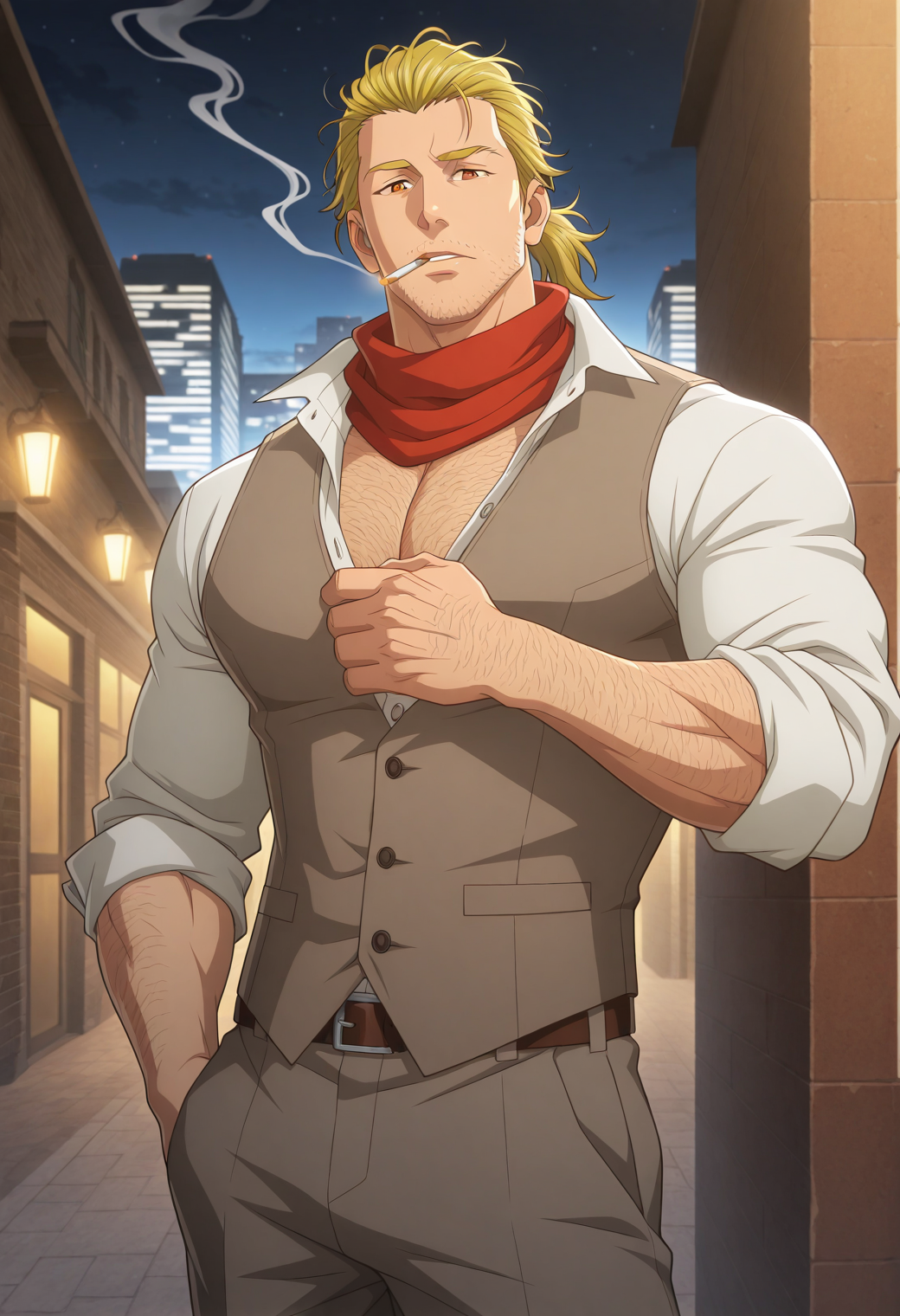 <lora:The_builder_from_the_anime_The_Unaware_Atelier_Master:0.9>, T_U_A_M, yellow hair, stubble, amber eyes, disheveled hair, hair combed back, long hair, short ponytail, Male, Adult, Mature, Manly,  detailed face, detailed body, detailed eyes, perfect hands, perfect foot, perfect anatomy,safe_pos, solo, masterpiece, best quality, newest, absurdres, highres, high quality, highly detailed, ultra hd, best quality, male focus, (absurdres, highres), official art, bright,
1boy, bara, muscular, hairy, chest hair, mature male, dynamic lighting, cigarette, wide-collared shirt, vest, belt, pants, red scarf, shirt unbuttoned, night, city, smoking, long sleeves rolled up, looking at viewer, urban, very awa, masterpiece, best quality, absurdres, newest, perfect quality, detailed background, intricate details