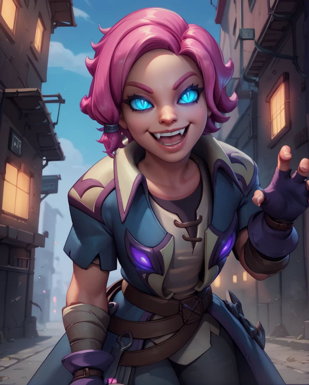 score_9,score_8_up,score_7_up,
maeve,solo.short pink hair with a hair knot,blue slit pupils,blue eyes,glowing eyes,
belt,fingerless gloves,shirt,coat,short sleeves,smile,grin,
rooftop,fantasy,leaning forward,fang,open mouth,
nigh,outside,alley,in the shadows,
<lora:maeve:0.8>,