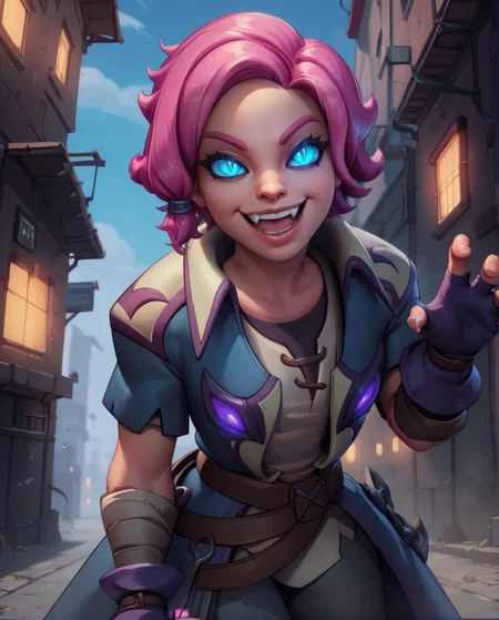 score_9,score_8_up,score_7_up,
maeve,solo.short pink hair with a hair knot,blue slit pupils,blue eyes,glowing eyes,
belt,fingerless gloves,shirt,coat,short sleeves,smile,grin,
rooftop,fantasy,leaning forward,fang,open mouth,
nigh,outside,alley,in the shadows,
<lora:maeve:0.8>,