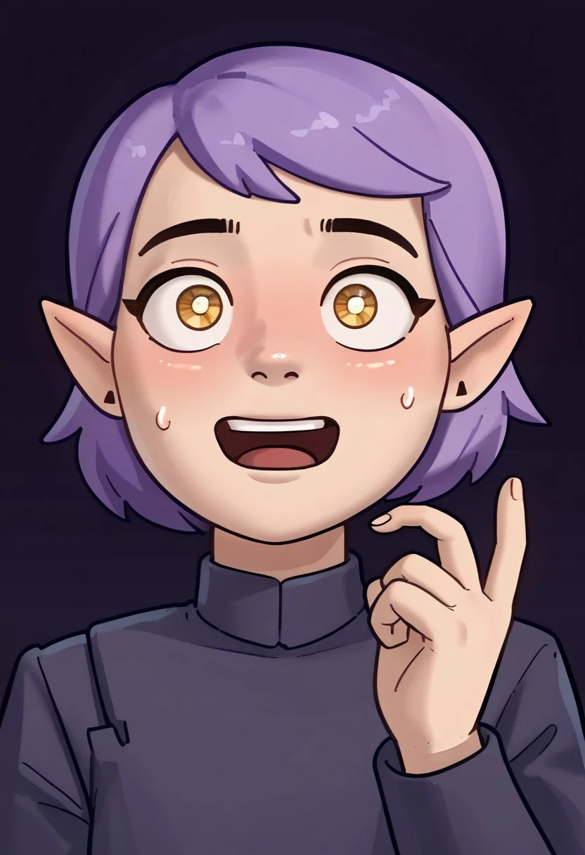 score_9, score_8_up, score_7_up, relatedguy, perfect, solo, close up, amity blight, pointy ears, yellow eyes, purple hair, short hair, Imperial officer wearing a grey uniform, open mouth, blush, face sweat, ((puppy eyes)), (((blank background, one colour background))), (((prayer hand gesture)))