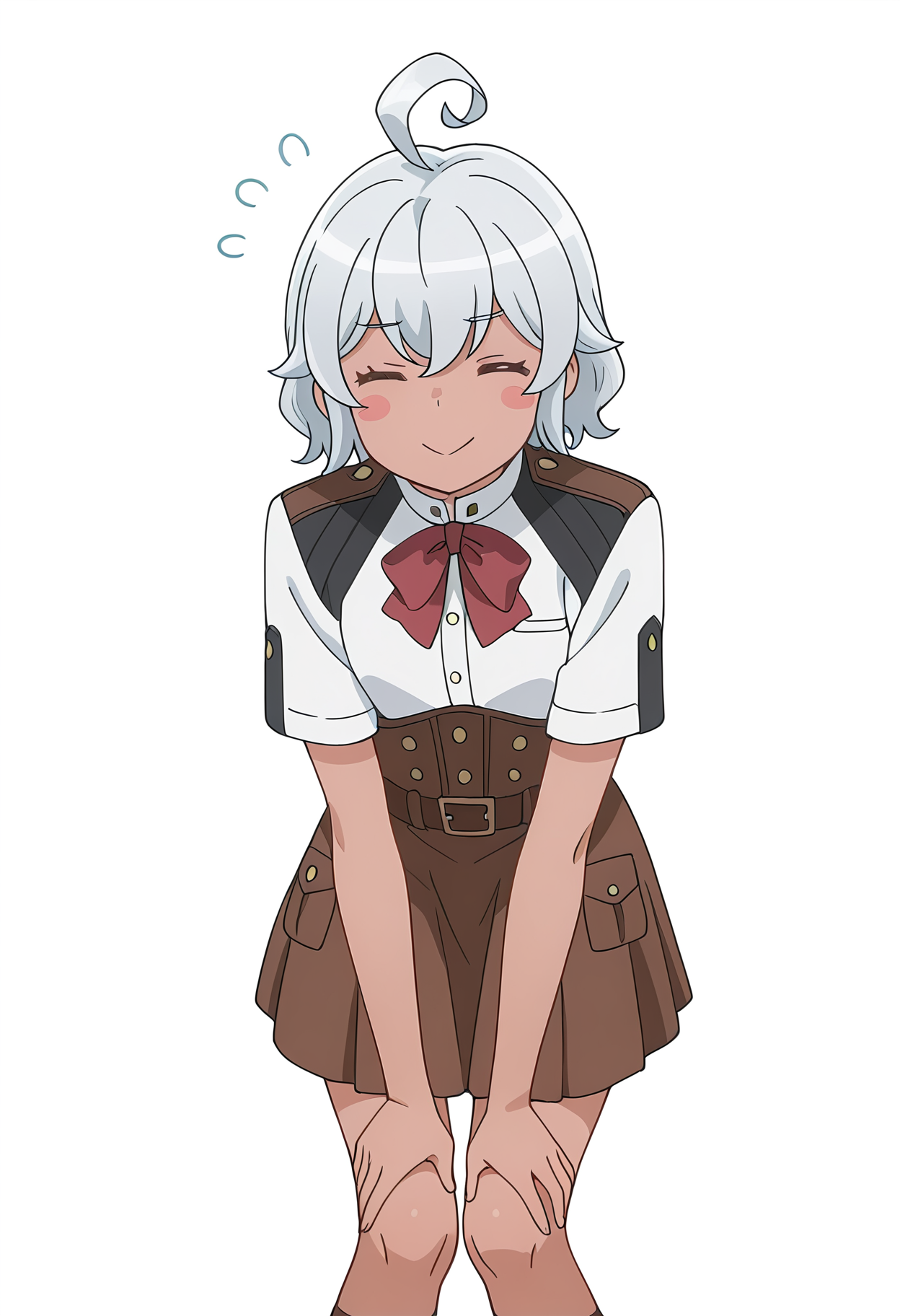 Smooth Quality,masterpiece, ultra realistic,
simple background, white background,
front view,=^=,hand on own knee ,
 <lora:AquaErisCnn:0.8>Eris/Cnn, Sist/Cnn, 1girl, ahoge, blush stickers, dark-skinned female, skirt, uniform,petite,
