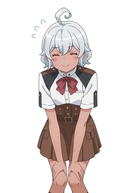 Smooth Quality,masterpiece, ultra realistic,
simple background, white background,
front view,=^=,hand on own knee ,
 <lora:AquaErisCnn:0.8>Eris/Cnn, Sist/Cnn, 1girl, ahoge, blush stickers, dark-skinned female, skirt, uniform,petite,