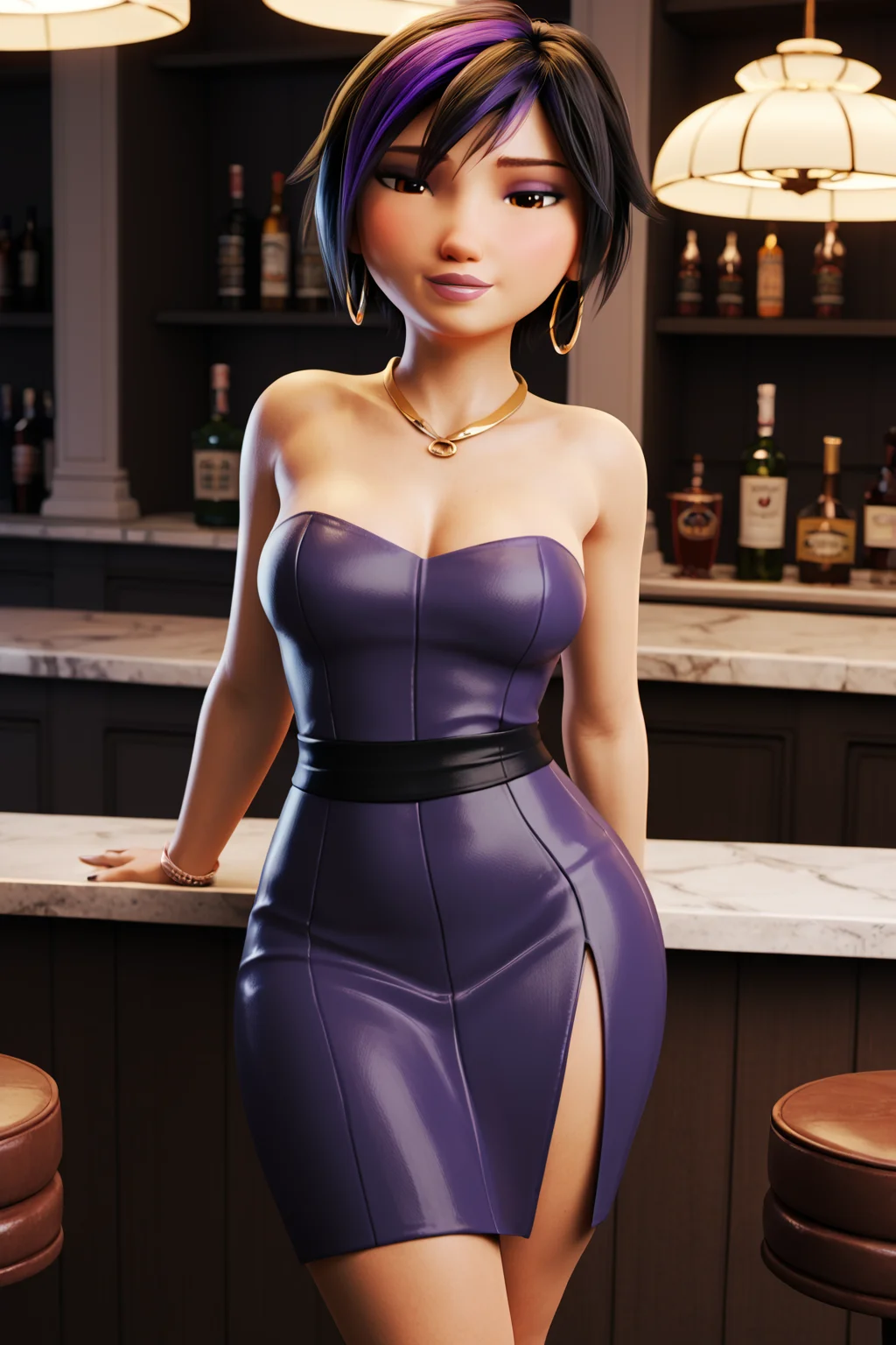 PonyXLV6_Scores BREAK (perfect anatomy, perfect eyes, cowboy shot), <lora:add_details_xl:0.8> BREAK <lora:GoGo_Tomago_-_Big_Hero_6:0.8> gogo tomago, short hair, black hair, multicolored hair, two-tone hair, streaked hair, purple hair, brown eyes, eyeshadow, makeup, lipstick, sultry eyes, half-closed eyes, blushing, drunk, ((looking at viewer)), formal, jewelry, hoop earrings, purple dress, cocktail dress, relaxing at luxurious bar, hand on waist, indoors