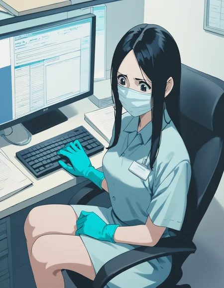 score_9, score_8_up, score_7_up, source_anime, <lora:ray-animation-ponyxl:1> kasuganoray, pale skin, long hair, scrubs, surgical mask,
1girl, solo, rubber gloves, sitting, office, keyboard, monitor, worried