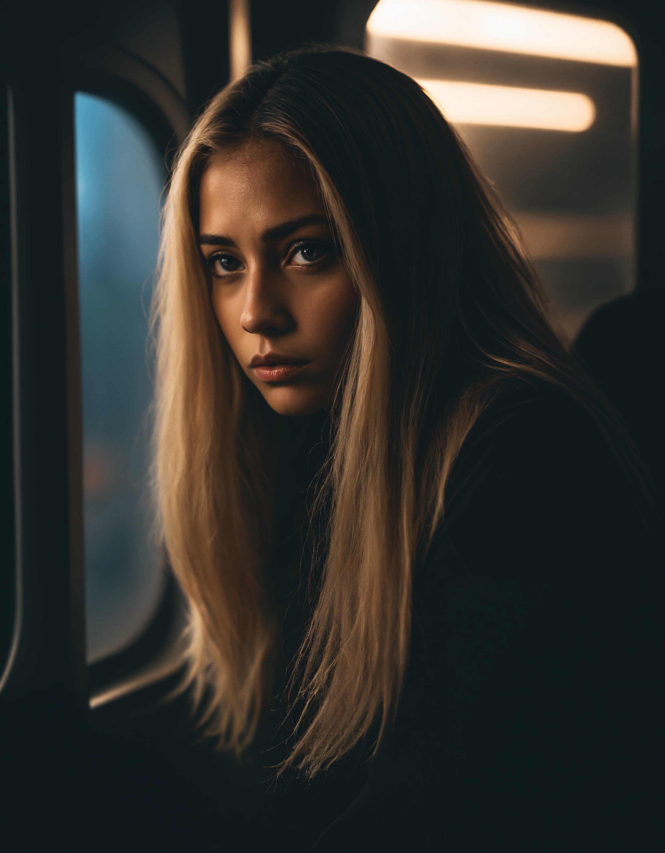 award winning photo of a beautiful latin woman in a train at night, atmospheric haze, blonde hair, dynamic lighting, cinematic still, dark skin, movie screencap, (freckles), contemplative, smirk, piercing blue eyes, extremely long hair, sleek hair, portrait, dynamic pose, turtleneck, zavy-cnmtc