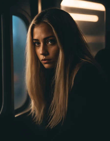 award winning photo of a beautiful latin woman in a train at night, atmospheric haze, blonde hair, dynamic lighting, cinematic still, dark skin, movie screencap, (freckles), contemplative, smirk, piercing blue eyes, extremely long hair, sleek hair, portrait, dynamic pose, turtleneck, zavy-cnmtc