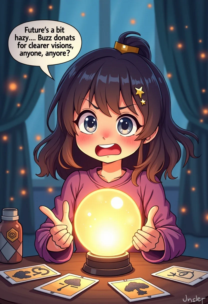 Anime style, cartoon style, funny illustration, Flustered Fortune Teller: A mystical anime girl with a crystal ball and tarot cards around, looking startled as the crystal ball sparks. Put Speech bubble text exactly saying : “Future’s a bit hazy… Buzz donations for clearer visions, anyone?”