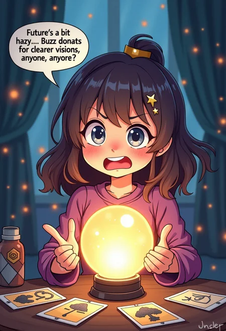 Anime style, cartoon style, funny illustration, Flustered Fortune Teller: A mystical anime girl with a crystal ball and tarot cards around, looking startled as the crystal ball sparks. Put Speech bubble text exactly saying : “Future’s a bit hazy… Buzz donations for clearer visions, anyone?”