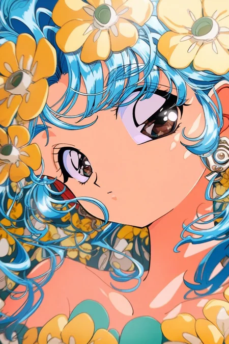 90sfugu,1girl, solo, brown eyes, blue hair, looking at viewer, earrings, flower, jewelry, portrait