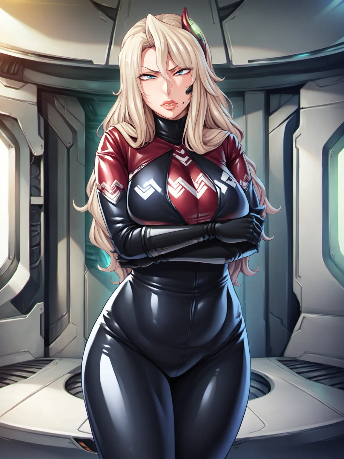 score_9, score_8_up, score_7_up, score_6_up, uncensored,  BREAK,
Eliza Perlman, standing, cowboy shot, crossed arms,
1girl, mature female, solo,
looking at viewer, determined, 
blonde hair, long hair, lips, blue eyes, headset, mole under eye, mole under mouth,
black bodysuit, red bodysuit, black gloves,
large breasts, thighs,
indoors, science fiction, spacecraft,
 <lora:Eliza Perlman3216PDXL:1>
