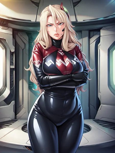 score_9, score_8_up, score_7_up, score_6_up, uncensored,  BREAK,
Eliza Perlman, standing, cowboy shot, crossed arms,
1girl, mature female, solo,
looking at viewer, determined, 
blonde hair, long hair, lips, blue eyes, headset, mole under eye, mole under mouth,
black bodysuit, red bodysuit, black gloves,
large breasts, thighs,
indoors, science fiction, spacecraft,
 <lora:Eliza Perlman3216PDXL:1>