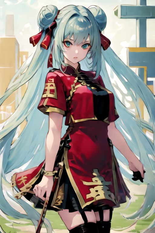 solo_focus, 1girl, (((masterpiece))), ((best quality)), ((ultra-detailed)), high resolution, absurdres, highres, ultra-detailed 8k unity wallpaper, 
DafengNyanNyan, hair between eyes, double bun, red china dress, black thighhighs, pelvic curtain, garter straps, hair ribbon,blackgloves,