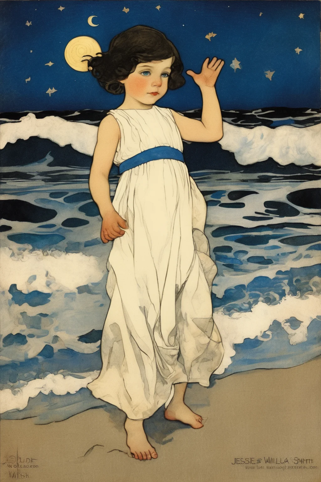 Jessie Willcox Smith Style - Leon Bakst, Starry night, the waves of the ocean part and a divine child comes out of the waters onto the sandy shore, a shining 1 year old toddler boy is the savior of this world with luminous blue eyes and wavy black shoulder-length hair, in a short white sleeveless tunic