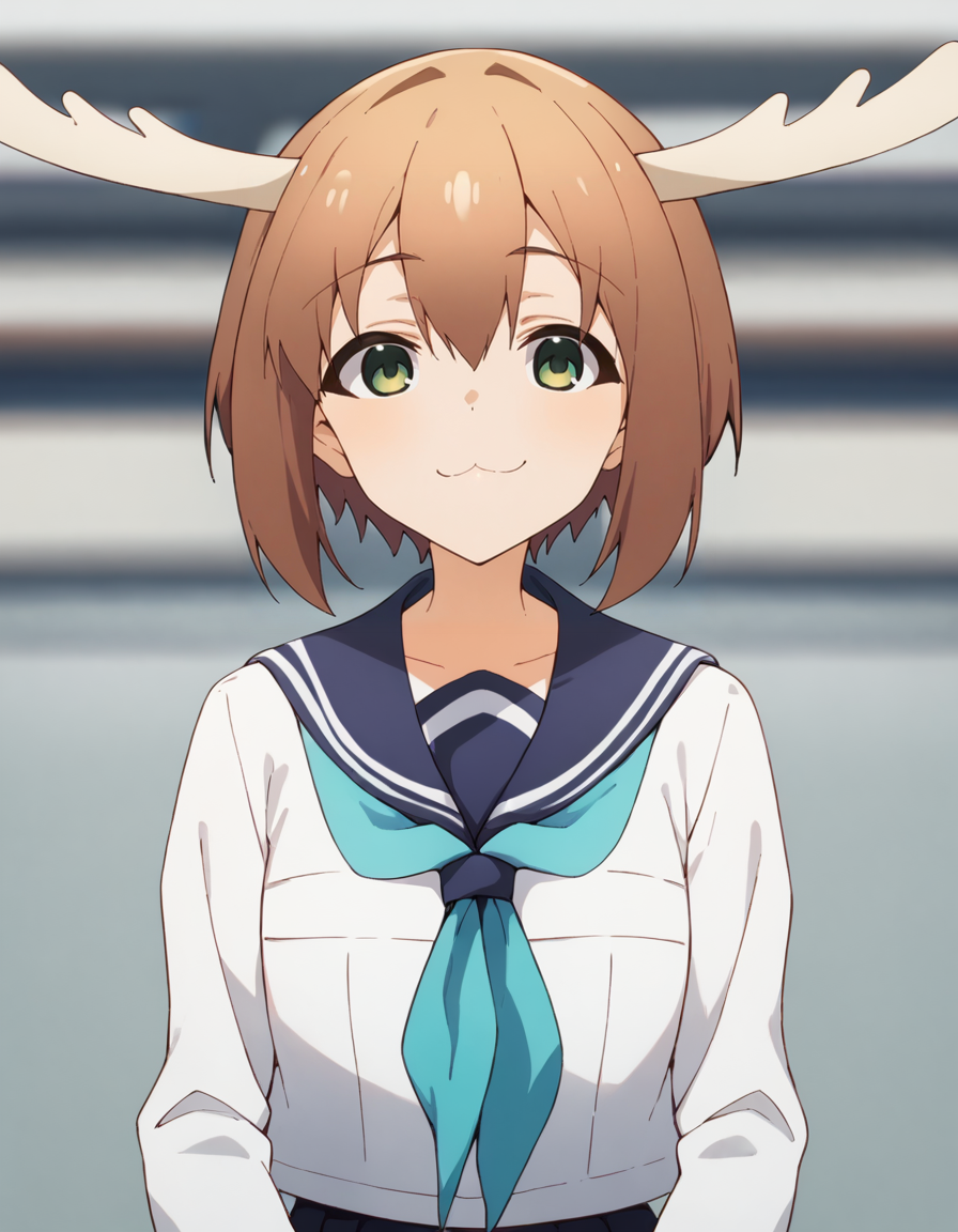 score_9, score_8_up, score_7_up, source_anime, blurry background, BREAK
1girl, solo, looking at viewer, cowboy shot, simple background,
noko shikanoko, horns, brown hair, short hair, green eyes, hair between eyes,
school uniform, serafuku, blue sailor collar, white shirt, long sleeves, aqua neckerchief, smug,
<lora:noko_shikanoko_anime-soralz:1>