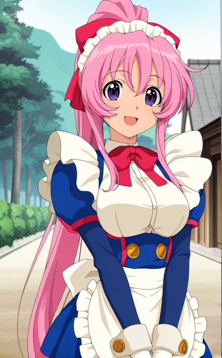 masterpiece, best quality, highres, newest, 1girl, solo, official style, anime screencap, <lora:Kurumi:1>, kurumi, pink hair, purple eyes, high ponytail, red ribbon, headdress, maid outfit, white gloves, looking at viewer, smile, outdoor, cowboy shot, open mouth