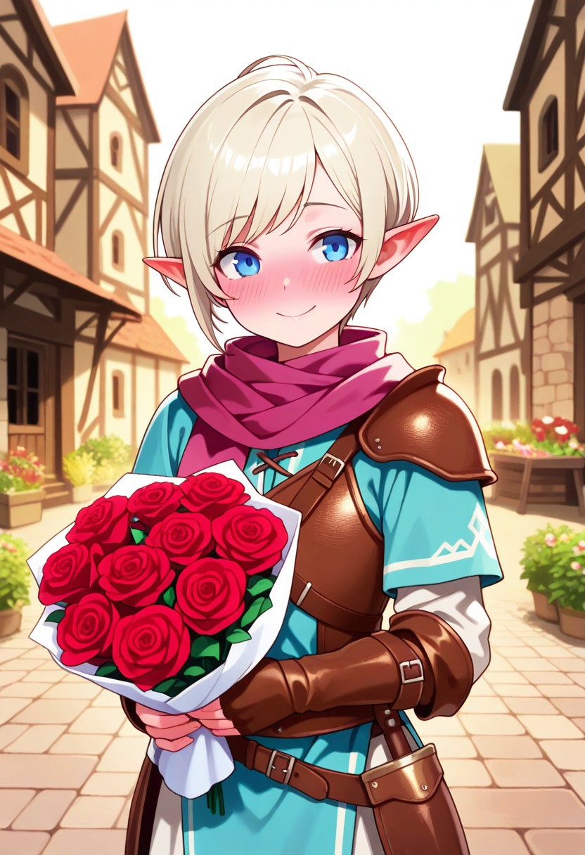 masterpiece, best quality, amazing quality, 1girl, half elf, platinum blonde hair, pixie haircut, pointy ears, blue eyes, aquamarine medieval tunic, fuchsia scarf, leather armor, blushing, holding bouquet of roses, fantasy medieval city, happy, rated pg, evening