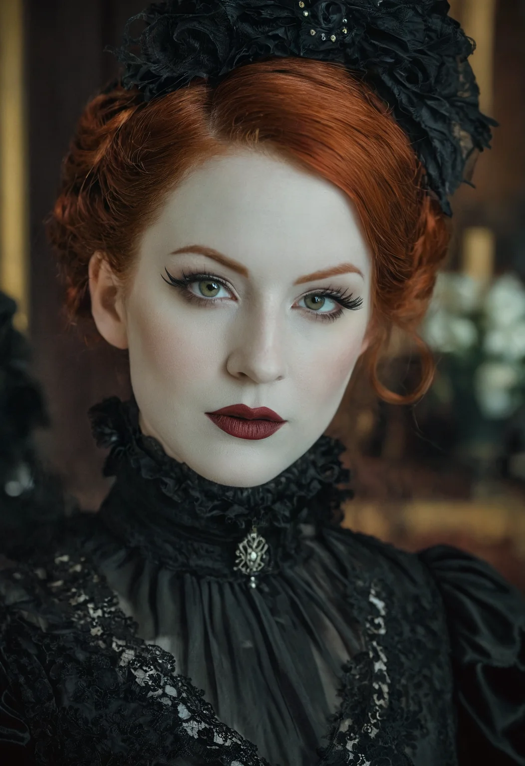 Dark art chdmchlwrd style, close up of a beautiful goth redhead, glamour shoot, (wearing intricate victorian dress), aged photo, macabre, sinister, extremely lifelike, realistic skin texture, raytracing, sharp focus, 8k, hdr, masterpiece, photography, dslr, kodachrome, 35mm photograph, analog film, professional, highly detailed
