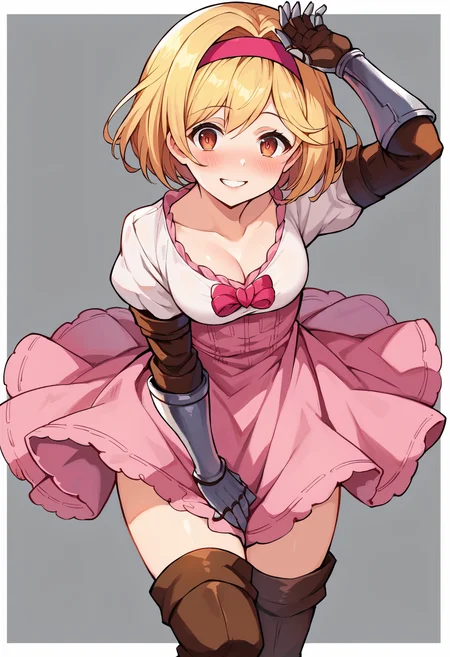 score_9, score_8_up, score_7_up, uncensored, source_anime, 1girl,  <lora:spgbfDjeetaXLPony:1> djeetadef, pink hairband, dress, puffy sleeves, gauntlets, brown thighhighs, thigh boots, sheath, border, grey background, arm up, blush, head tilt, leaning forward, looking at viewer, parted lips, smile, solo, standing, afraid