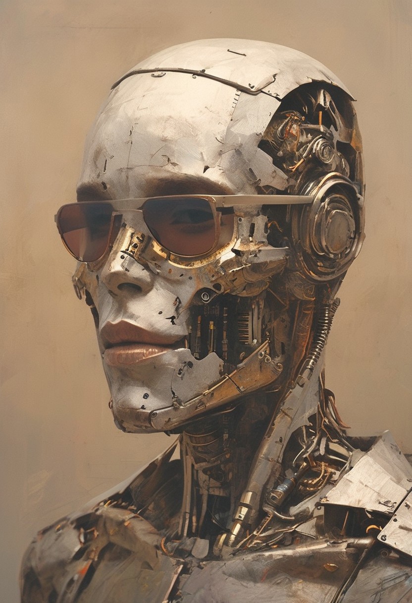 in the style of michael-vincent-manaloa painting of a cyborg, symmetrical frontal image, strong build, square head, strong jaws, thick sideburns, sunglasses, Jamie Hewlett, John Berkey, John Harris, high contrast, twilight, open space, hyperrealistic<lora:epi_noiseoffset2:1> <lora:Sinozick:1> <lora:MJ52:1>