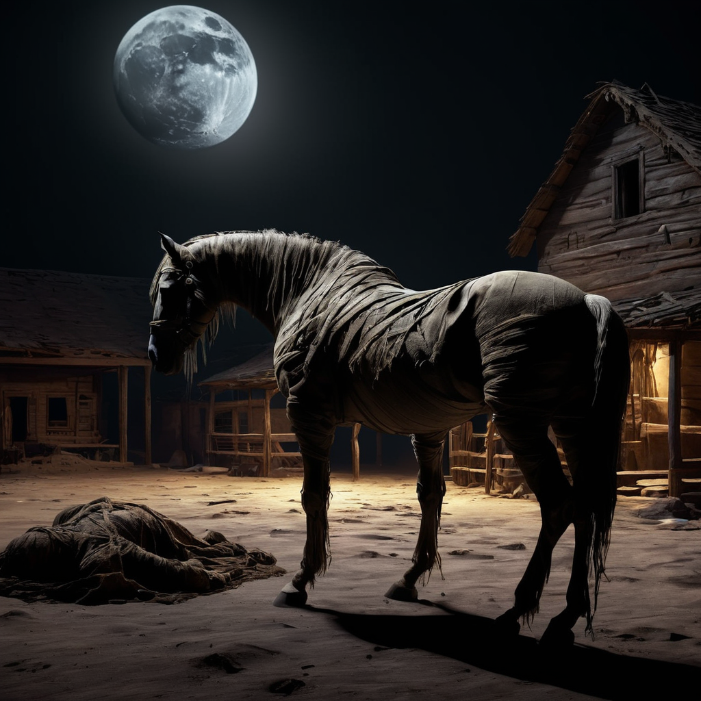 <lora:SDXL_mummy_Sa_May:1> mummy, a desiccated mummy, horse near old house, night, cinematic, light and shadow, moon, black