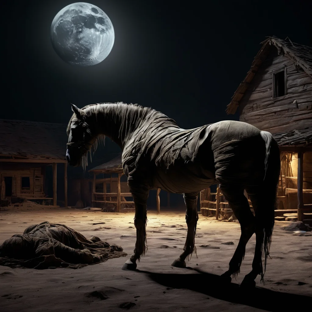<lora:SDXL_mummy_Sa_May:1> mummy, a desiccated mummy, horse near old house, night, cinematic, light and shadow, moon, black