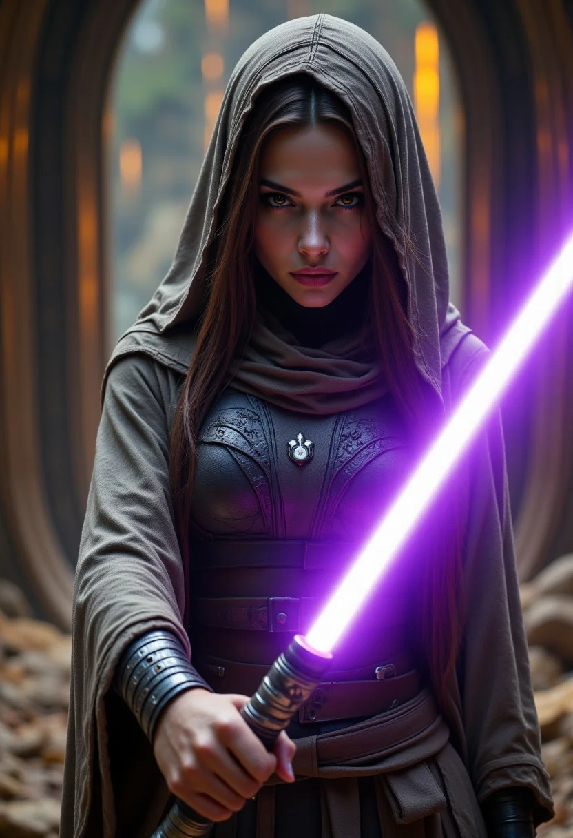 realistic, PHOTOREALISTIC, ((perfect anatomy)), (futuristic warrior wielding purple lightsaber:1.3), ((sexy dynamic pose:1.3)), 25 years old, perfect quality, high quality,(sci-fi, star wars, jedi knight), Jaina solo, big brown eyes, dark brown hair, long straight intricate hair, athletic female, ((fitness models, muscle detail, detailed muscle)), long athletic muscular legs, athletic round muscular butt, athletic hips, perfect breasts, perfect body, epic, long hair, intricate hairstyle, cute, cropped body, soft skin, soft skin, textured skin ,shining glossy skin, soft abs, athletic waist, (slender body), dynamic angle, dynamic, dynamic shot, sci-fi, futuristic, ((intricate transparent flowing sheer jedi robes showing sexy body underneath:1.2, armor parts on body:1.2, marble armor:1.2, greave, boots)), glowing runic tattoos on body:1.3, Expressiveh, (volumetric lighting:1.2), cinematic, cinematic lighting, reflections, ultra hd, visual effects, graphic effects, ambient occlusion, raytracing, soft lighting, realistic, blum effect, masterpiece, absolutely eye-catching, particles, glow, shining, intricate cinematic background, (beautiful cute face), (raining, relaxing, undressing by fire pit after battle, close up, glad the viewer is safe, aidmaMJ6.1, aidmaimageupgrader, aidmaHyperrealism, aidmafluxpro1.1, Perfect hand, Detailed hand