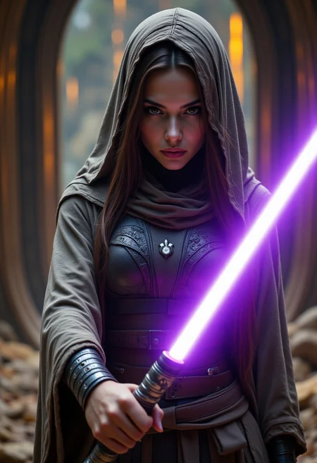 realistic, PHOTOREALISTIC, ((perfect anatomy)), (futuristic warrior wielding purple lightsaber:1.3), ((sexy dynamic pose:1.3)), 25 years old, perfect quality, high quality,(sci-fi, star wars, jedi knight), Jaina solo, big brown eyes, dark brown hair, long straight intricate hair, athletic female, ((fitness models, muscle detail, detailed muscle)), long athletic muscular legs, athletic round muscular butt, athletic hips, perfect breasts, perfect body, epic, long hair, intricate hairstyle, cute, cropped body, soft skin, soft skin, textured skin ,shining glossy skin, soft abs, athletic waist, (slender body), dynamic angle, dynamic, dynamic shot, sci-fi, futuristic, ((intricate transparent flowing sheer jedi robes showing sexy body underneath:1.2, armor parts on body:1.2, marble armor:1.2, greave, boots)), glowing runic tattoos on body:1.3, Expressiveh, (volumetric lighting:1.2), cinematic, cinematic lighting, reflections, ultra hd, visual effects, graphic effects, ambient occlusion, raytracing, soft lighting, realistic, blum effect, masterpiece, absolutely eye-catching, particles, glow, shining, intricate cinematic background, (beautiful cute face), (raining, relaxing, undressing by fire pit after battle, close up, glad the viewer is safe, aidmaMJ6.1, aidmaimageupgrader, aidmaHyperrealism, aidmafluxpro1.1, Perfect hand, Detailed hand