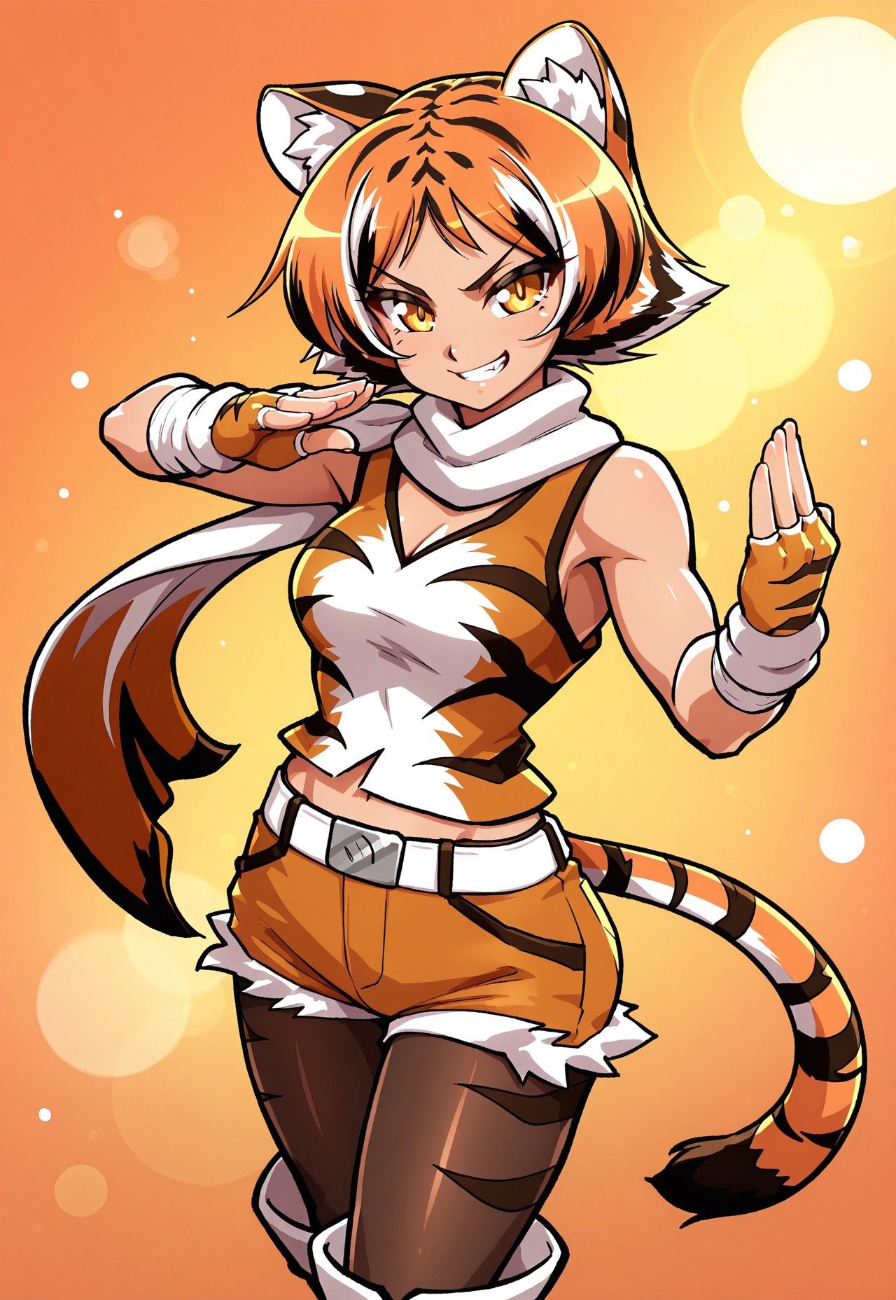 (masterpiece,best quality:1.3),maz_k0tora,tiger girl,orange short hair,orange eyes,striped hair,medium breasts,tiger ears,tiger tail,k0tora_outfit,scarf,orange tank top,orange shorts,tiger print,pantyhose,orange fingerless gloves,boots

fighting stance,smug,grin,proud,looking at viewer,cowboy shot,

orange background,gradient background, glowing particles,(soft lighting,soft shadows:1.2),(bokeh:1.1)
