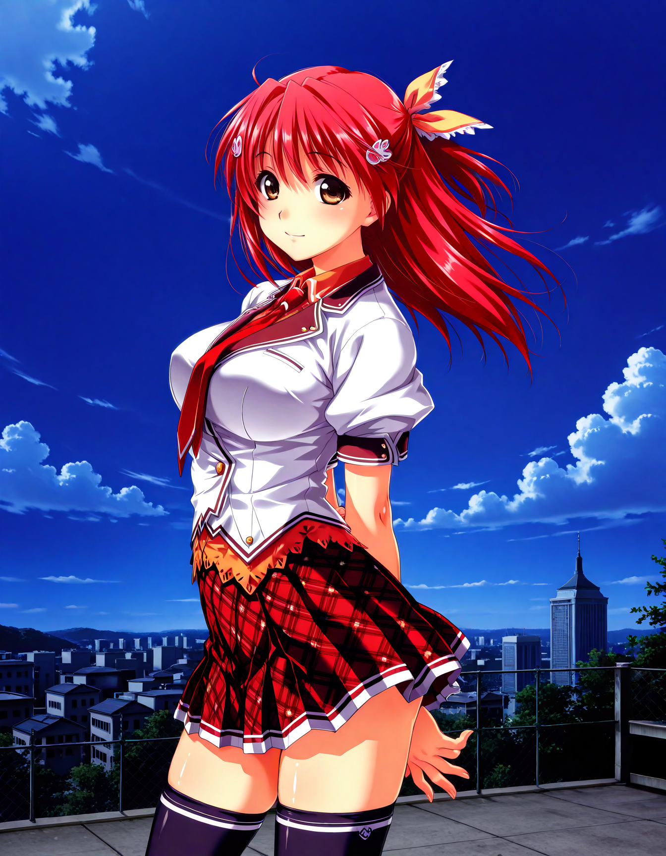 (1girl, solo:1.3), (2girls, 3girls, 4girls, multiple girls, 2boys, 3boys, 4boys, multiple boys:-1.5) <lora:Kohinata_Yuuka_Koi_Mekuri_Clover_Illustrious:0.9>, kohinata_yuuka, large breasts, brown eyes, red hair, long hair, bangs, hair between eyes, hair ribbon, hair ornament, school uniform, red necktie, necktie, plaid skirt, thighhighs, light smile, open eyes, general, contrapposto, dynamic pose, , portrait, from side, from above, , outdoors, school rooftop, wire mesh fence, cityscape, sky, cloud, <lora:NOOB_EPSv1_1_detailer_by_vlnvk_v1_0:1.5>, (photo background:0.7), night, (tachibana yuu:0.6), inue shinsuke, (kazuma muramasa:0.0), saikawa yusa, (aoi manabu:0.6), abarerumidori, (suzui narumi:0.6), masterpiece, newest, absurdres, 8K, anime screenshot, anime coloring, flat color, official art, film grain, <lora:illustriousXLv01_stabilizer_v1.185c:0.7>, <lora:LECO_Solo:-4.0>,
